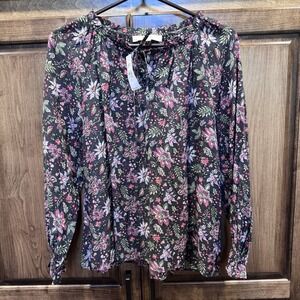NWT LOFT Women's Floral Long Sleeve Blouse Size Small Black Pink Green